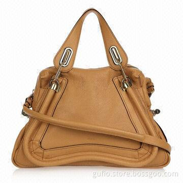 Light-tan Leather Bag/ Designer Handbag with Two Top Handles and Detachable Shoulder Strap